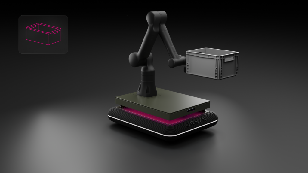 Kisten Handling Aufsatz für ORBYN. Automatisierter ORBYN Roboterarm zeigt Flexibilität in der Produktanpassung für spezialisierte Industrieautomation.