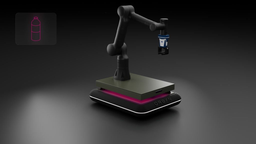 Flaschengreifer Aufsatz für ORBYN. Automatisierter ORBYN Roboterarm zeigt Flexibilität in der Produktanpassung für spezialisierte Industrieautomation.